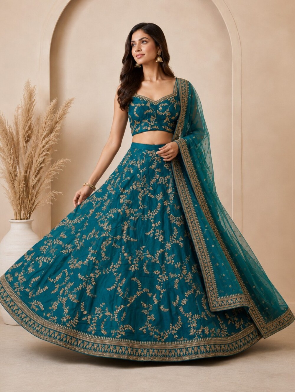 Teal Lehenga Choli with Golden Embroidery – US 6